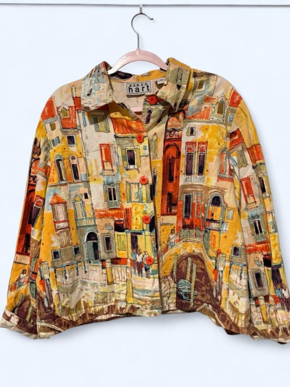 KEREN hart Painted Cityscape Button-Up Jacket in Yellow and Orange